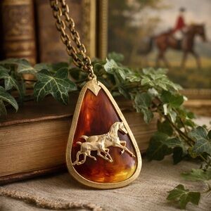 Vintage Horse Pendant Necklace Amber Lucite Gold Equestrian Estate